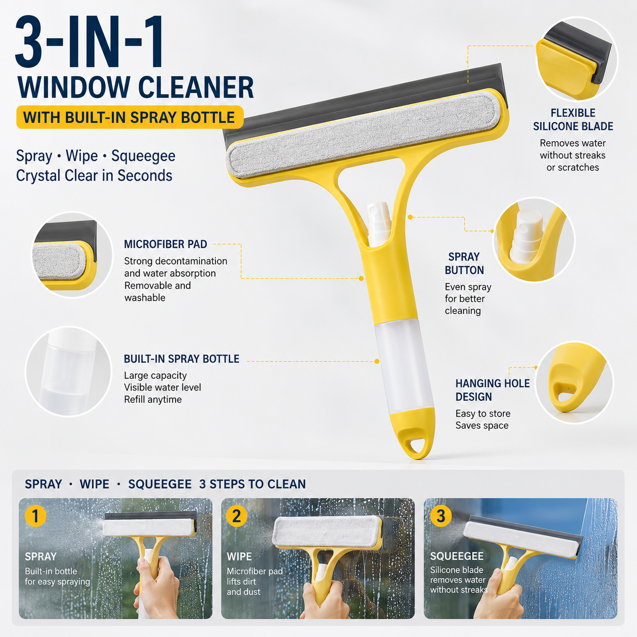 🪟3-in-1 Window Cleaner💦with Built-in Spray Bottle✨Crystal-Clear Glass in Seconds — No Streaks, No Hassle.